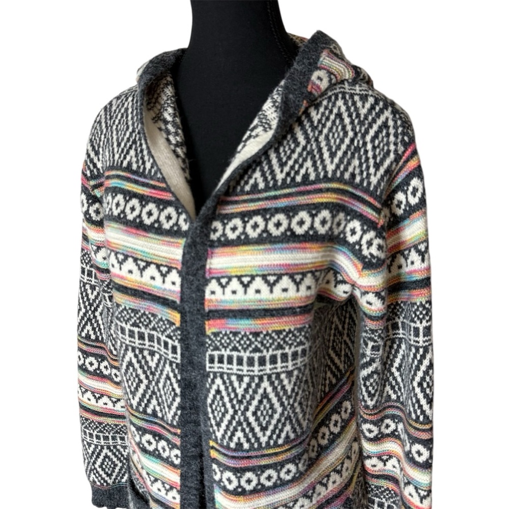 MONTEAU LOS ANGELES Aztec Long Hooded Cardigan Open Front Multicolour Sz Small